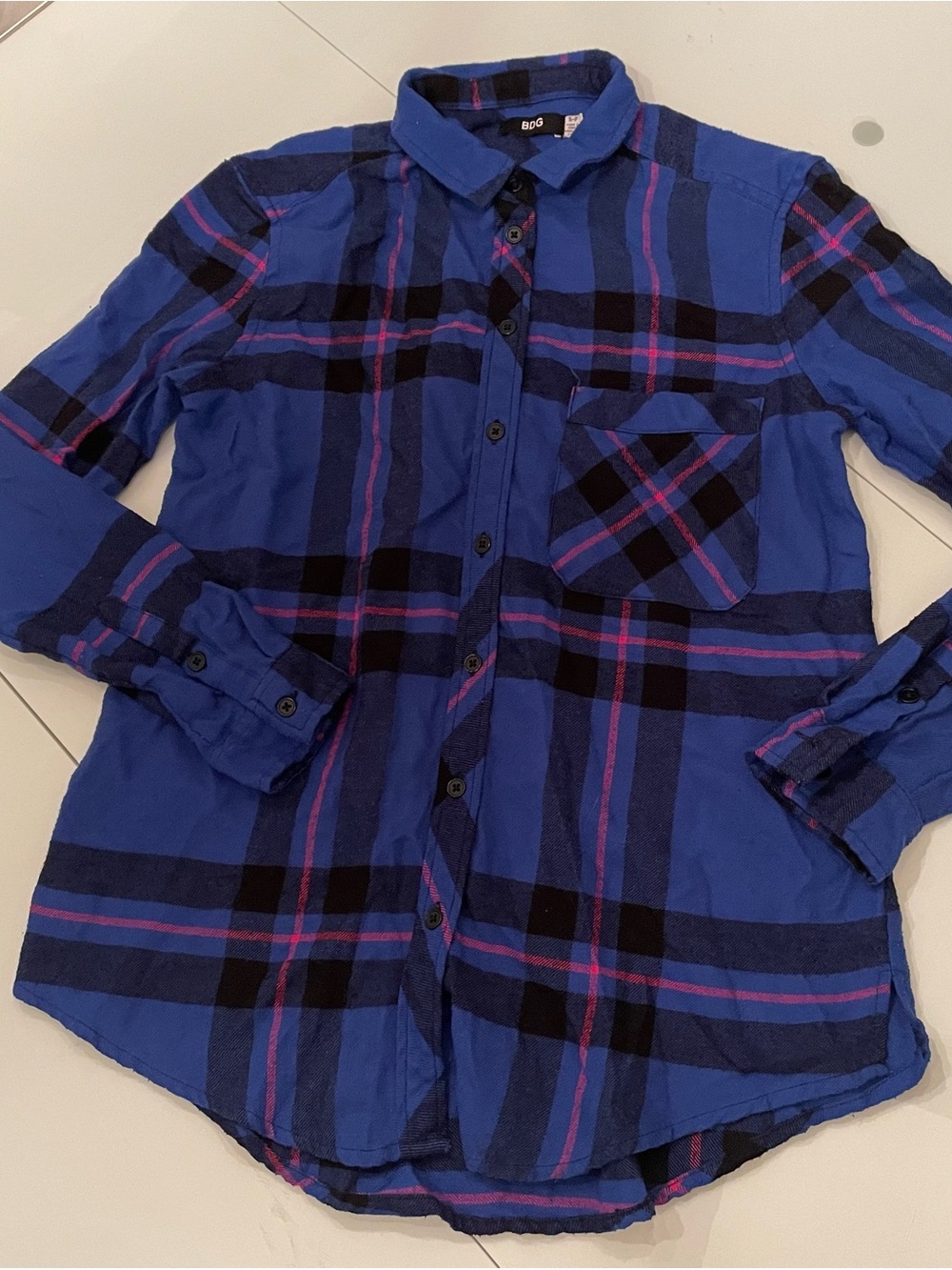BDG Blue Plaid Button-Down Shirt with Pink Stripes
